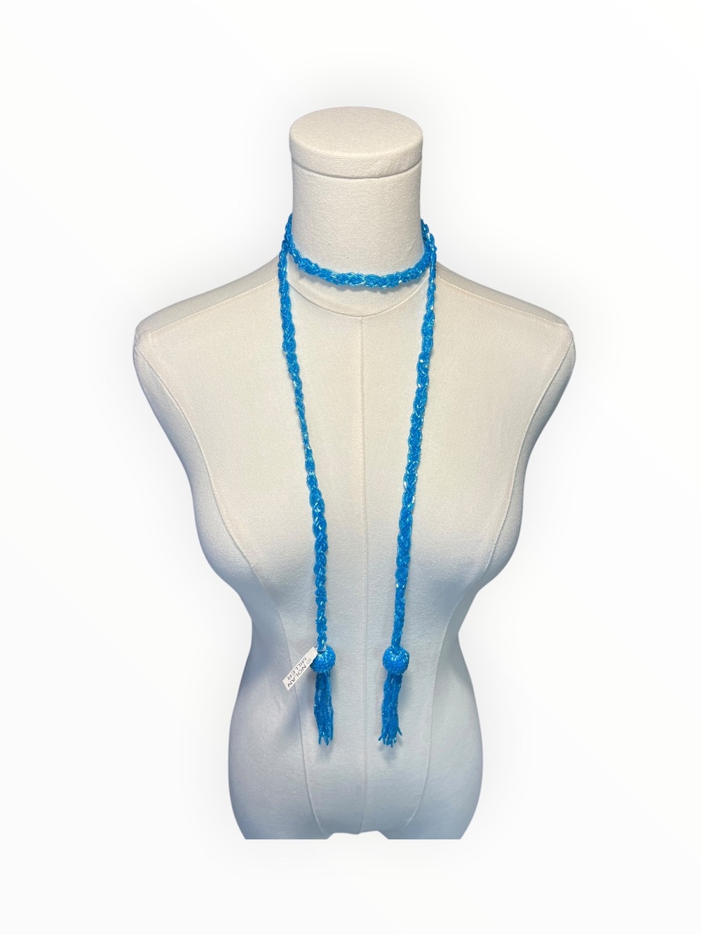 Vintage Nolan Miller Bright Blue Glass Beaded / Braided Tassel Necklace